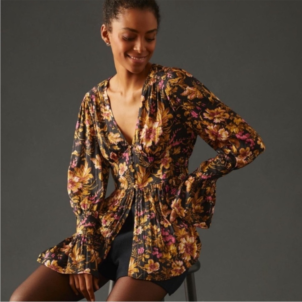 NWOT Anthropologie Deep-V Tunic Floral Black Motif Blouse Top